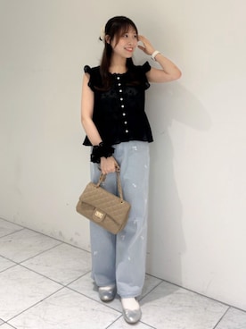 「flower（フラワー）のスカラップレースシュシュ（シュシュ、ブラック系）」を使った、flowerさん（レディース・164cm）の夏コーディネート