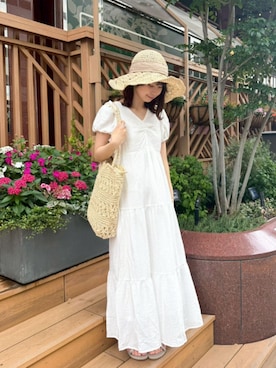 「flower（フラワー）のソフトクロシェトート（トートバッグ、ホワイト系）」を使った、flowerさん（レディース・164cm）の夏コーディネート