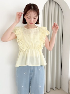 「flower（フラワー）のブルームエンブロイダリーパンツ（デニムパンツ、ブルー系）」を使った、flowerさん（レディース・160cm）の春コーディネート
