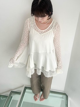 「flower（フラワー）のシアーフラワートップ2（Tシャツ/カットソー、ホワイト系）」を使った、flowerさん（レディース・160cm）の夏コーディネート