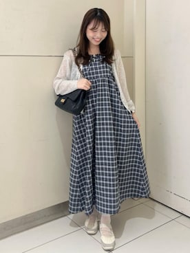 「flower（フラワー）のリボンチェックワンピース（ワンピース、ブルー系）」を使った、flowerさん（レディース・160cm）の夏コーディネート