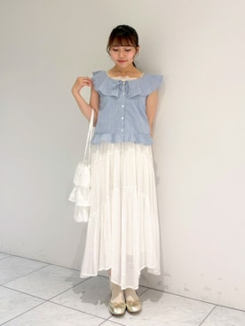 「flower（フラワー）のコットンフリルバッグ（トートバッグ、ホワイト系）」を使った、flowerさん（レディース・164cm）の夏コーディネート