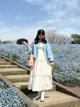 「flower（フラワー）のデニムフレアジャケット2（デニムジャケット、ブルー系）」を使った、flowerさん（レディース・160cm）の春コーディネート