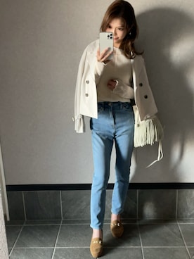 「ショート丈」｜「アイテム（テーラードジャケット、ホワイト系）」を使った、さやさん（レディース・158cm）の春コーディネート