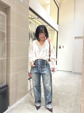 「Whim Gazette（ウィムガゼット）のサスペンダーDENIM（デニムパンツ、ブルー系）」を使った、take3momさん（レディース・149cm）の春コーディネート