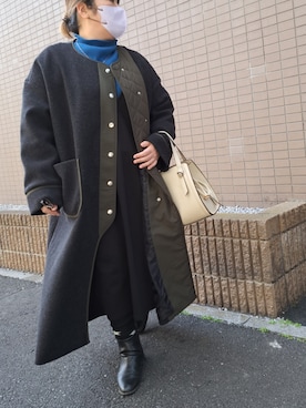 「DISCOAT（ディスコート）のアイテム（ノーカラーコート）」を使った、mineさん（レディース・152cm）の冬コーディネート
