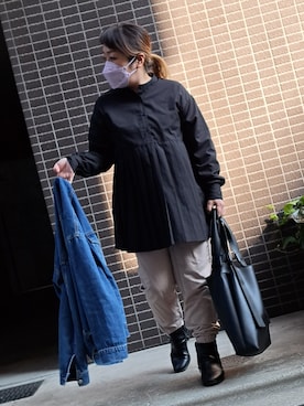 「プリーツ」｜「アイテム（デニムジャケット）」を使った、mineさん（レディース・152cm）の冬コーディネート