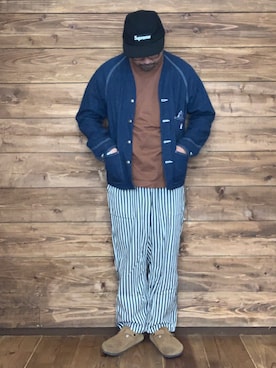 「ストライプパンツ」｜「アイテム（デニムジャケット）」を使った、ISOPさん（メンズ・170cm）の春コーディネート