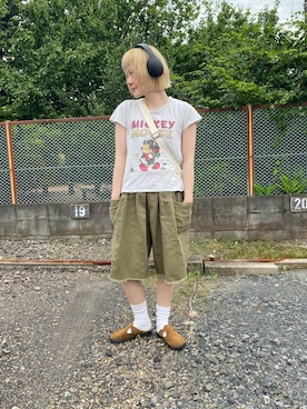 「usedのアイテム（Tシャツ/カットソー、グレー系）」を使った、鈴石 風さん（レディース・156cm）の夏コーディネート