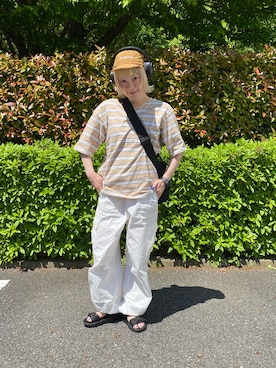 「FRUIT OF THE LOOM（フルーツオブザルーム）の【KIDS】【FRUIT OF THE LOOM×TYPY】FRUITMAN KID’s JETCAP（キャップ、ブラウン系）」を使った、鈴石 風さん（レディース・156cm）の春コーディネート