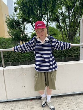 「IYESのアイテム（キャップ、レッド系）」を使った、鈴石 風さん（レディース・156cm）の夏コーディネート