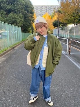 「アイテム（ニットキャップ/ビーニー、ホワイト系）」を使った、鈴石 風さん（レディース・156cm）の秋コーディネート