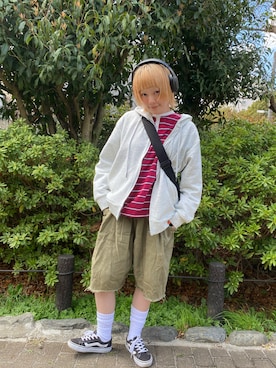 「kutir（クティール）のヘンリーネックボーダーロンT（Tシャツ/カットソー、レッド系）」を使った、鈴石 風さん（レディース・156cm）の春コーディネート