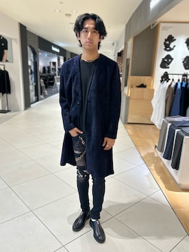 「アイテム（ノーカラーコート）」を使った、Makoさん（メンズ・180cm）の秋コーディネート