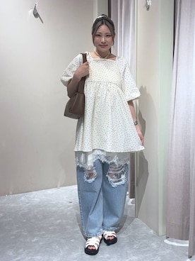 「LOWRYS FARM（ローリーズファーム）のレースデニム　601055（デニムパンツ、ブルー系）」を使った、kahooo59さん（レディース・158cm）の夏コーディネート
