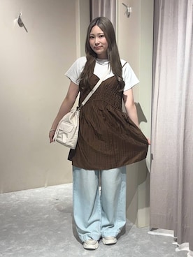 「LOWRYS FARM（ローリーズファーム）のクリンクルワッシャーミニワンピース  1032198（ワンピース、ブラウン系）」を使った、kahooo59さん（レディース・158cm）の夏コーディネート