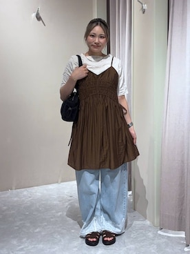 「LOWRYS FARM（ローリーズファーム）のクリンクルワッシャーミニワンピース  1032198（ワンピース、ブラウン系）」を使った、kahooo59さん（レディース・158cm）の夏コーディネート
