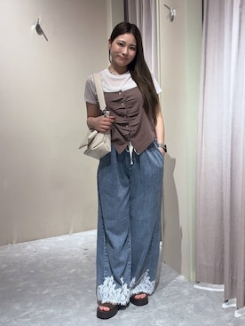 「LOWRYS FARM（ローリーズファーム）の【500mlペットボトル収納可】フラップショルダーＢＡＧ 1046881（ショルダーバッグ、ホワイト系）」を使った、kahooo59さん（レディース・158cm）の夏コーディネート