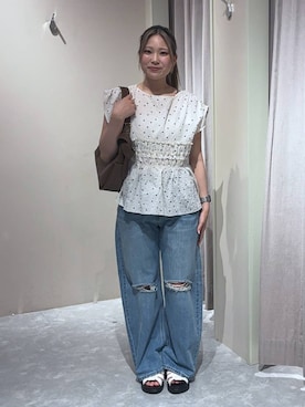 「LOWRYS FARM（ローリーズファーム）のワイドストレートデニムパンツ　607883（デニムパンツ、ブルー系）」を使った、kahooo59さん（レディース・158cm）の夏コーディネート