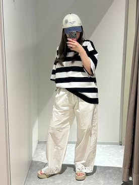 「LOWRYS FARM（ローリーズファーム）のカンドウフィットＫｎｉｔサンダル 637889（サンダル、ホワイト系）」を使った、kahooo59さん（レディース・158cm）の春コーディネート