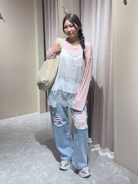 「LOWRYS FARM（ローリーズファーム）のＵＳＥＦＵＬシアープルオーバー　580950（Tシャツ/カットソー、ピンク系）」を使った、kahooo59さん（レディース・158cm）の春コーディネート