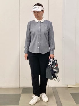 「adabat（アダバット）の【吸水速乾】サッカー長袖シャツ（シャツ/ブラウス、ブルー系）」を使った、村田　恵さん（レディース・160cm）の夏コーディネート