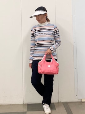 「adabat（アダバット）の【吸湿発熱】マルチボーダー長袖モックネックT（Tシャツ/カットソー、ホワイト系）」を使った、村田　恵さん（レディース・160cm）の秋コーディネート