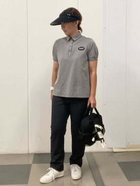 「adabat（アダバット）の【吸水速乾】千鳥ジャカードポロシャツ（ポロシャツ、ブラック系）」を使った、村田　恵さん（レディース・160cm）の夏コーディネート