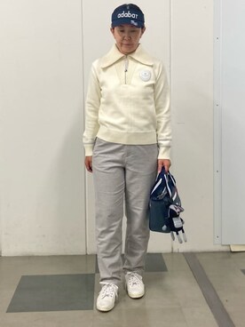 「adabat（アダバット）の【ADABAT NAVY】ハーフジップワイドカラーニット（ニット/セーター、ホワイト系）」を使った、村田　恵さん（レディース・160cm）の秋コーディネート