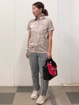 「adabat（アダバット）の【新レーベル ADABAT NAVY】UVカット／吸水速乾 モナコリンクスプリントポロシャツ（ポロシャツ、ベージュ系）」を使った、村田　恵さん（レディース・160cm）の夏コーディネート