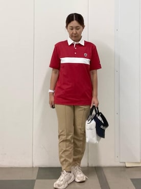 「adabat（アダバット）の【新レーベル ADABAT NAVY】UVカット/吸水速乾 ドライカノコバイカラーポロシャツ（ポロシャツ、レッド系）」を使った、村田　恵さん（レディース・160cm）の夏コーディネート