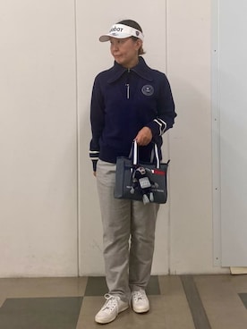 「adabat（アダバット）の【ADABAT NAVY】ハーフジップワイドカラーニット（ニット/セーター、ブルー系）」を使った、村田　恵さん（レディース・160cm）の秋コーディネート