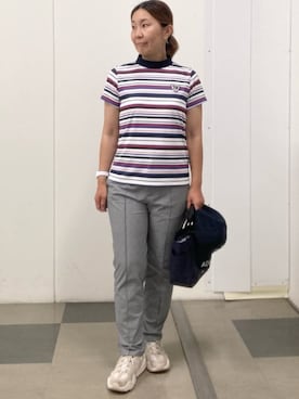 「adabat（アダバット）の【新レーベル ADABAT NAVY】吸水速乾/接触冷感 マルチボーダーモックネックT（Tシャツ/カットソー、ホワイト系）」を使った、村田　恵さん（レディース・160cm）の夏コーディネート
