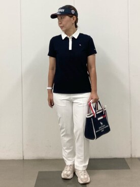 「adabat（アダバット）の【ADABAT NAVY】吸水速乾 サッカーポロシャツ（ポロシャツ、ブルー系）」を使った、村田　恵さん（レディース・160cm）の夏コーディネート