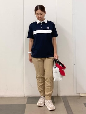 「adabat（アダバット）の【新レーベル ADABAT NAVY】UVカット/吸水速乾 ドライカノコバイカラーポロシャツ（ポロシャツ、ブルー系）」を使った、村田　恵さん（レディース・160cm）の夏コーディネート