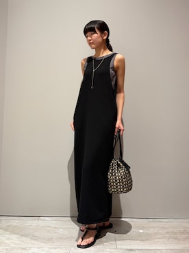 「qualite（カリテ）の※タンクトップ付き【接触冷感・吸水速乾・UVカット・防シワ】3WAYジョーゼットアメスリワンピ　夏服　きれいめ（ワンピース、ブラック系）」を使った、ukaさん（レディース・160cm）の夏コーディネート
