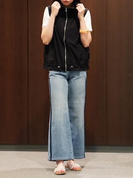 「WALDO（ウォルド）のウエストゴムカット素材デニムパンツ（デニムパンツ、ブルー系）」を使った、WALDOさん（レディース・172cm）の夏コーディネート