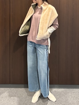 「WALDO（ウォルド）のウエストゴムカット素材デニムパンツ（牛仔褲、ブルー系）」を使った、WALDOさん（レディース・172cm）の秋コーディネート