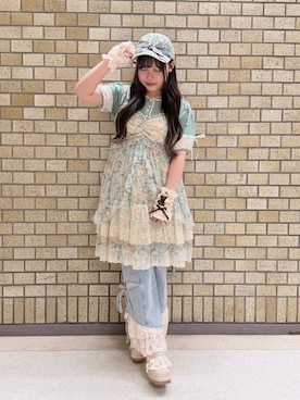 「myu:loret（ミュウロレット）のフラワーレースチュニック（チュニック、グリーン系）」を使った、みっちゃんさん（レディース・155cm）の夏コーディネート