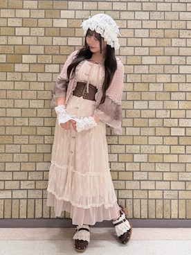 「myu:loret（ミュウロレット）のパッチワークレースワンピース（ワンピース、ピンク系）」を使った、みっちゃんさん（レディース・155cm）の夏コーディネート