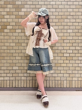 「myu:loret（ミュウロレット）のビッグリボン×編上キャミ（キャミソール、ホワイト系）」を使った、みっちゃんさん（レディース・155cm）の夏コーディネート