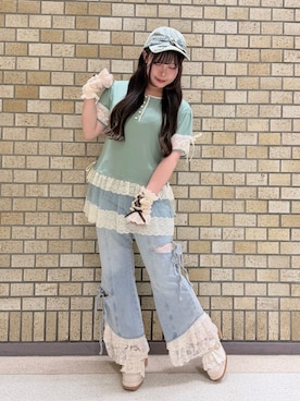 「myu:loret（ミュウロレット）の巻き薔薇付ロングプルオーバー（Tシャツ/カットソー、グリーン系）」を使った、みっちゃんさん（レディース・155cm）の夏コーディネート