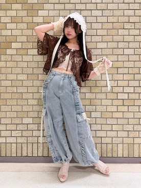 「myu:loret（ミュウロレット）の２ＷＡＹフリルヘドレ（その他ヘアアクセサリー、ホワイト系）」を使った、みっちゃんさん（レディース・155cm）の夏コーディネート