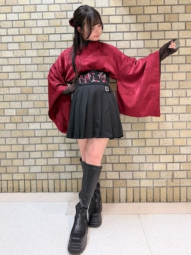 「REZEN（リゼン）の蝶プリントシアーインナー（Tシャツ/カットソー、レッド系）」を使った、みっちゃんさん（レディース・155cm）の春コーディネート