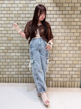 「myu:loret（ミュウロレット）のレースフリルデニムバレルパンツ（デニムパンツ、ブルー系）」を使った、みっちゃんさん（レディース・155cm）の夏コーディネート