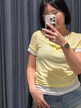 「BAYFLOW（ベイフロー）のレイヤードライクヘンリー半袖Tシャツ（Tシャツ/カットソー、イエロー系）」を使った、bfmaritanさん（レディース）の春コーディネート
