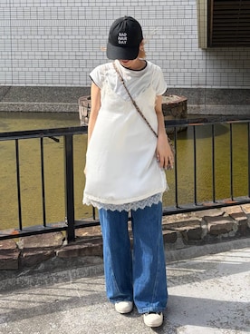 「LEPSIM（レプシィム）の切り替えワイドデニム　608248（デニムパンツ、ブルー系）」を使った、asahi0319さん（レディース・153cm）の夏コーディネート