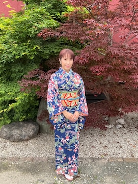 「古着のアイテム（着物、ブルー系）」を使った、cream1010さん（レディース・149cm）の夏コーディネート