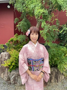 「古着のアイテム（着物、ピンク系）」を使った、cream1010さん（レディース・149cm）の夏コーディネート