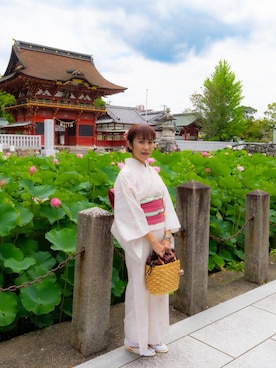 「古着のアイテム（着物、ピンク系）」を使った、cream1010さん（レディース・149cm）の夏コーディネート